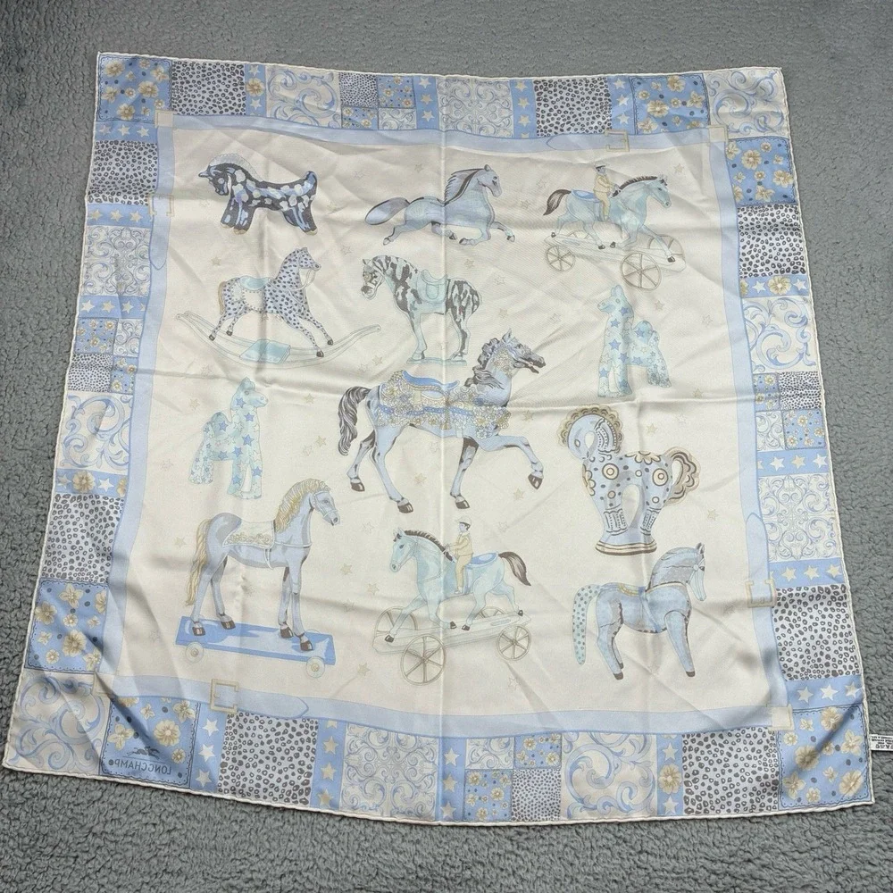 Vintage Longchamp Silk Scarf 34x34 Blue Horse Equestrian Floral Italy Square